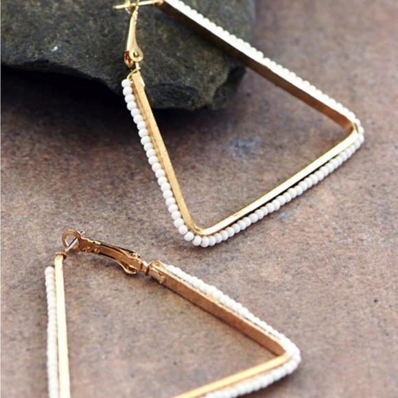 White Beaded Triangle Hoop Earrings | Bold Geometric Statement Jewelry | NWT - Picture 1 of 9